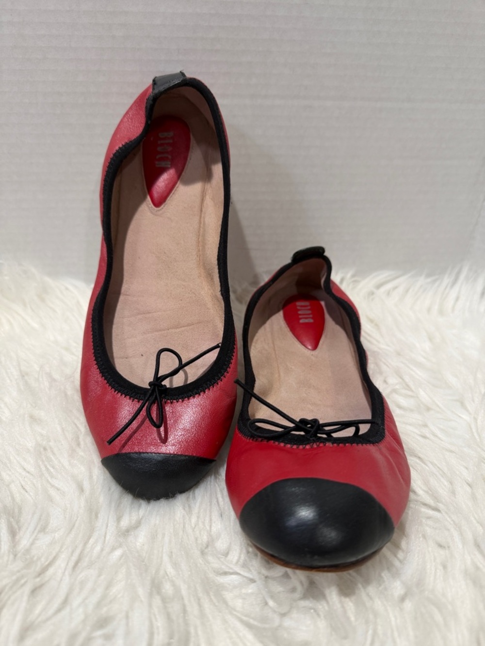 BLOCH Red and Black Leather Ballet Flats with Elastic Bow Trim